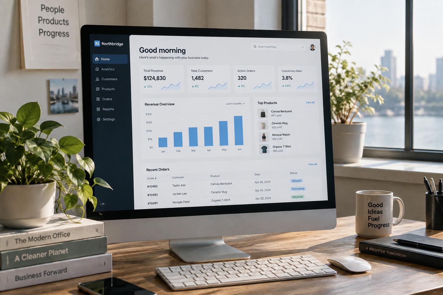 A professional business portal dashboard showing clients, projects, revenue and tasks